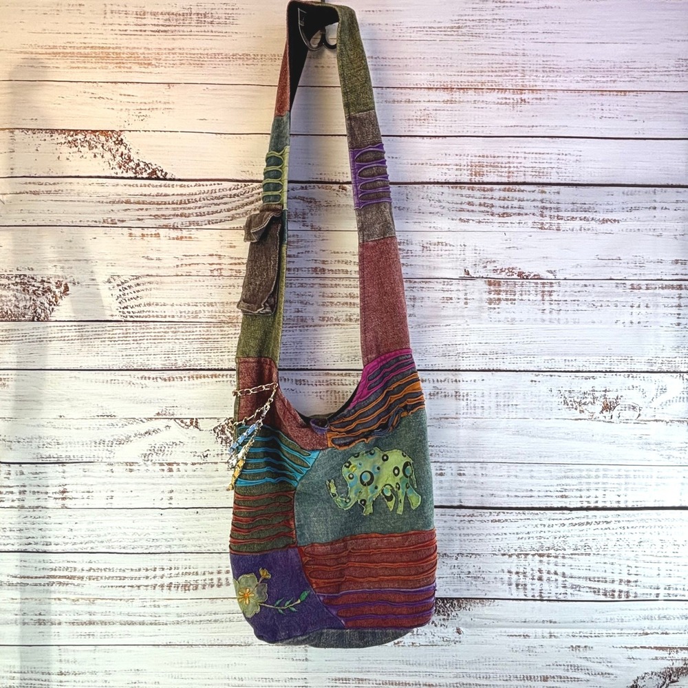 Vintage Patchwork Sling Bag Nepal 100% Cotton Hobo Purse Elephant Applique